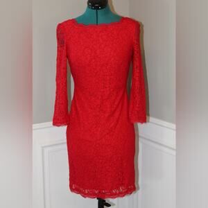 Cache Red Lace Sheath Dress Scalloped Trim 3/4 Sleeve Zip Back Women’s Size 2